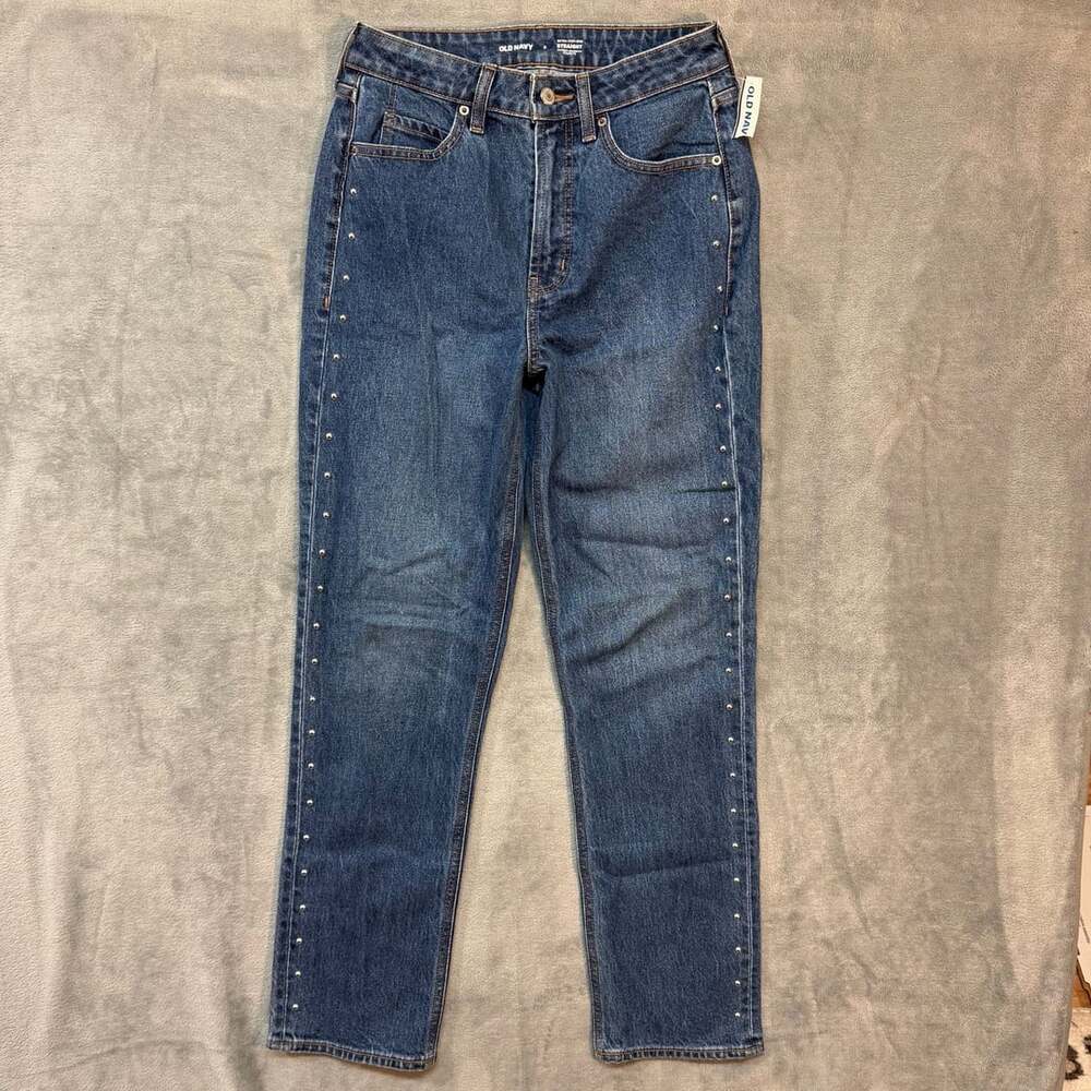 Old Navy Extra High-Rise Straight Studded Jeans Size 2 Blue Denim